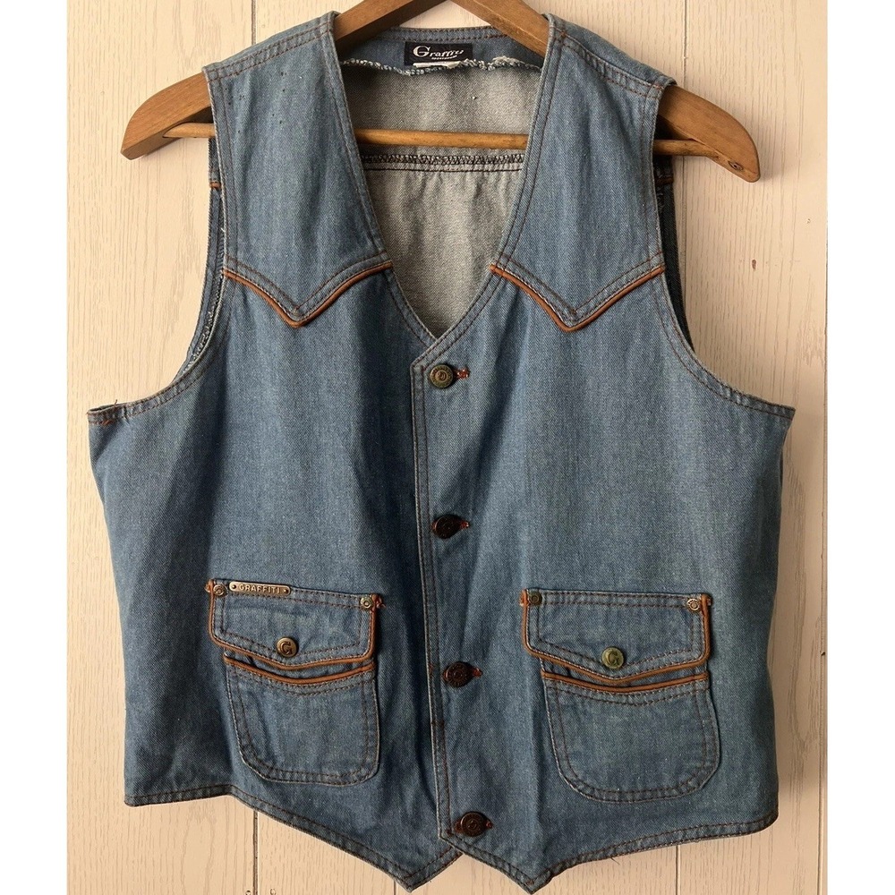 Vintage Western 1970s  Denim Blue Jean Vest Cowboy Country Music Medium Graffiti